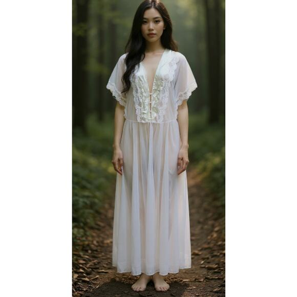 Val Mode 60s Cream Vintage Sheer Peignoir Robe size Medium - Picture 2 of 12